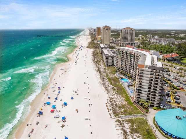 aerial view with a water view and a view of the beach