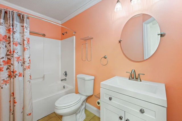 full bathroom featuring shower / bathtub combination with curtain, toilet, ornamental molding, vanity, and a textured ceiling