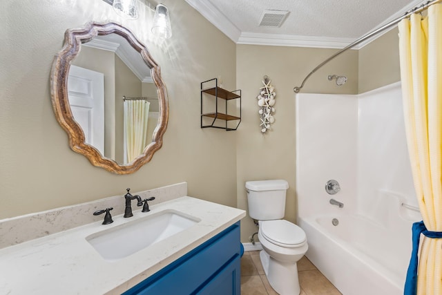 full bathroom with tile flooring, shower / bath combo, a textured ceiling, toilet, and vanity