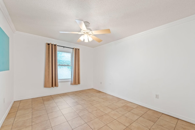 empty room with a textured ceiling, ornamental molding, ceiling fan, and light tile floors