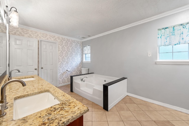 bathroom featuring crown molding, a washtub, a textured ceiling, and tile floors