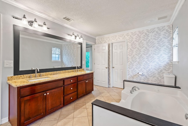 bathroom featuring tile floors, double vanity, ornamental molding, and a textured ceiling