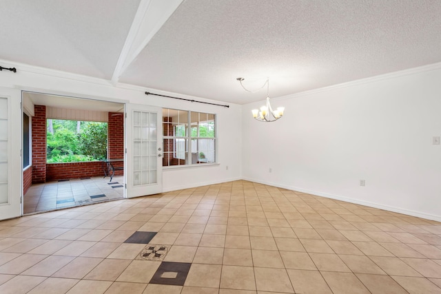 empty room featuring brick wall, a notable chandelier, a wealth of natural light, and light tile floors