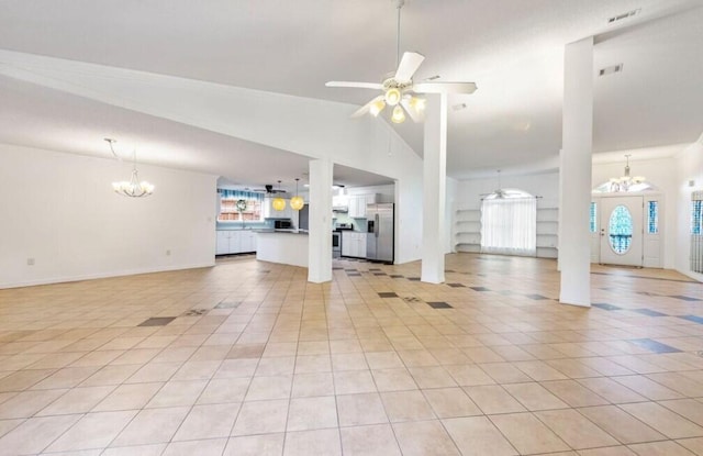 9720 Parker Lake Cir, Navarre, FL 32566 - unfurnished living room featuring light tile patterned floors, ceiling fan with notable chandelier, and lofted ceiling