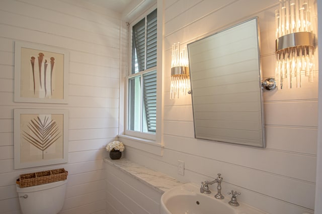 bathroom featuring wood walls and toilet