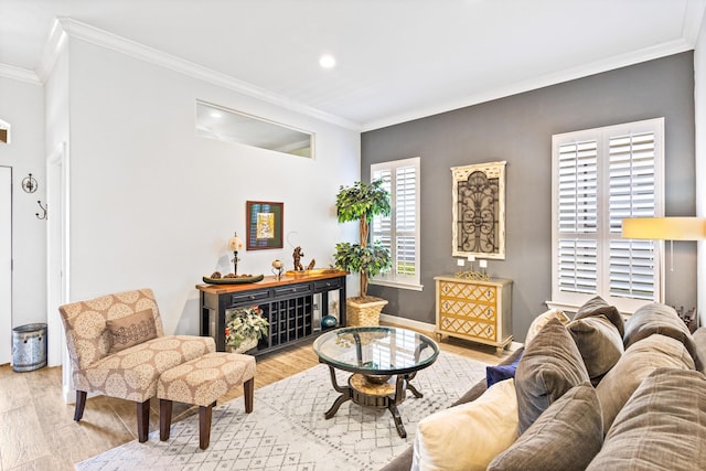 living room featuring crown molding and light hardwood / wood-style flooring