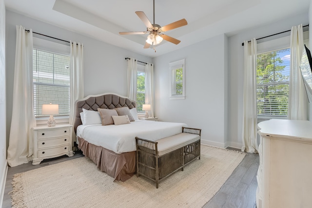 bedroom with wood-type flooring, ceiling fan, a raised ceiling, and multiple windows