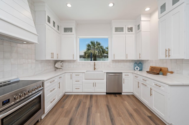 kitchen with white cabinets, sink, custom range hood, and stainless steel appliances