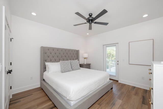 bedroom with access to exterior, wood-type flooring, and ceiling fan