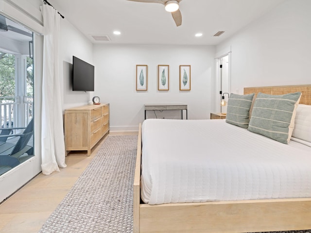 bedroom with access to exterior, ceiling fan, and light hardwood / wood-style floors