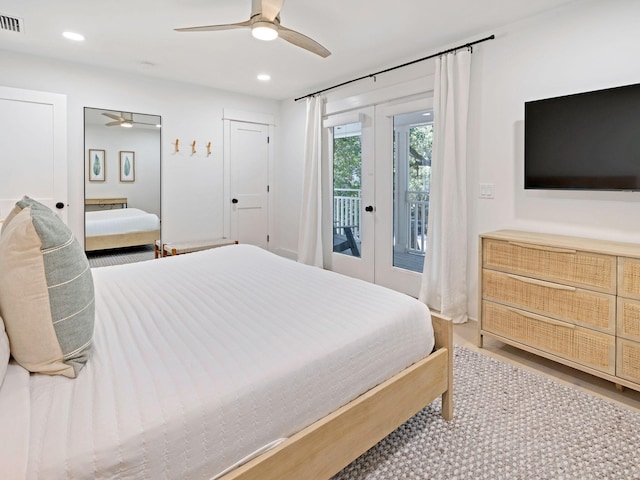 bedroom featuring access to outside, ceiling fan, and french doors