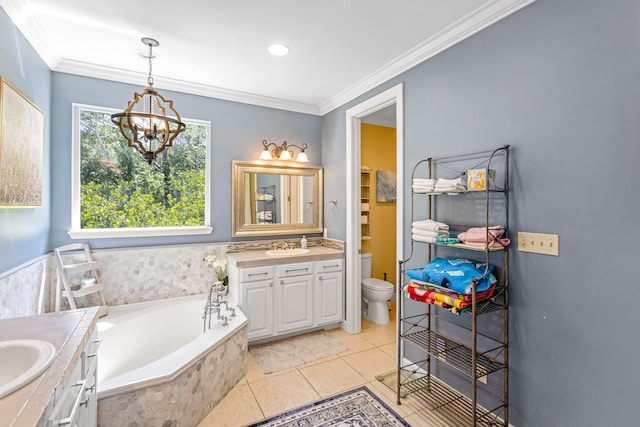 bathroom with ornamental molding, vanity, tiled tub, an inviting chandelier, and toilet