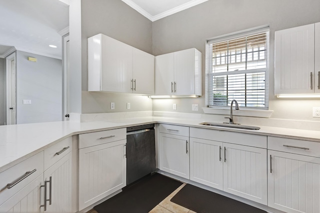 kitchen featuring white cabinets, black dishwasher, crown molding, and sink