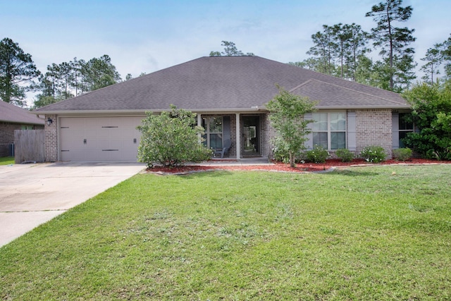 ranch-style house featuring a front lawn and a garage