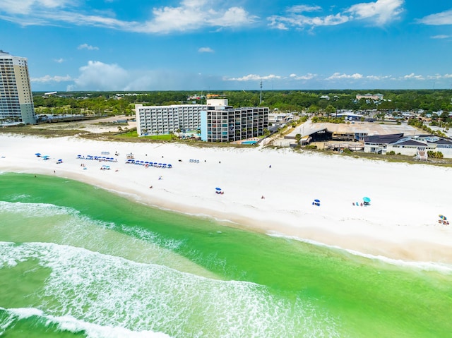 aerial view featuring a beach view and a water view