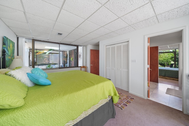 carpeted bedroom with a drop ceiling and a closet