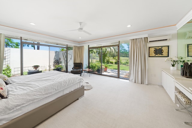 carpeted bedroom with a wall mounted air conditioner, ceiling fan, ornamental molding, and access to outside