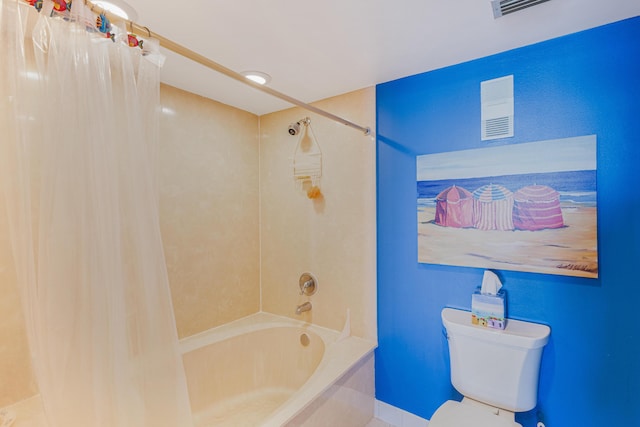 bathroom featuring shower / bathtub combination with curtain and toilet