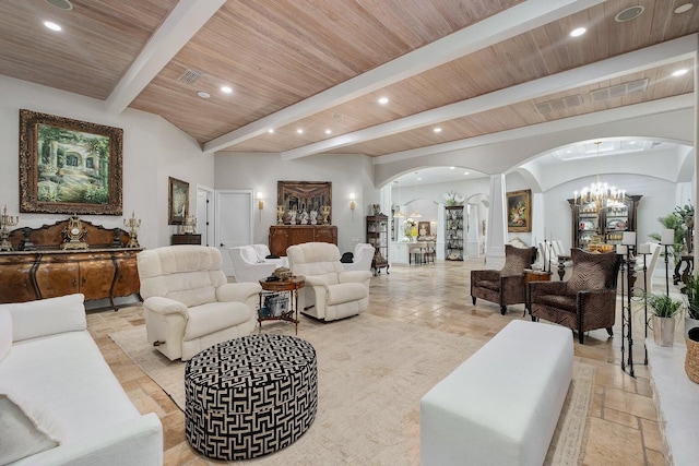 living area with arched walkways, beam ceiling, wood ceiling, and recessed lighting