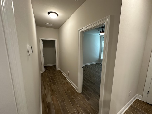 corridor with dark hardwood / wood-style flooring