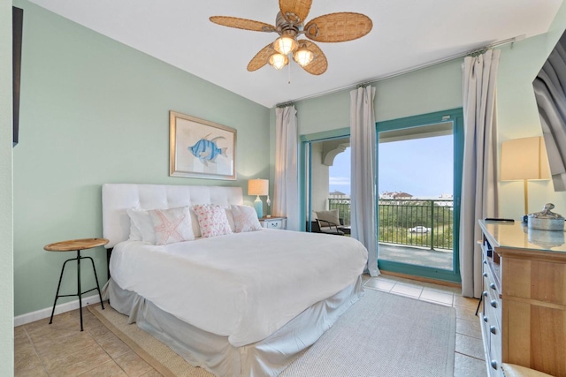 bedroom featuring ceiling fan, access to exterior, and light tile floors