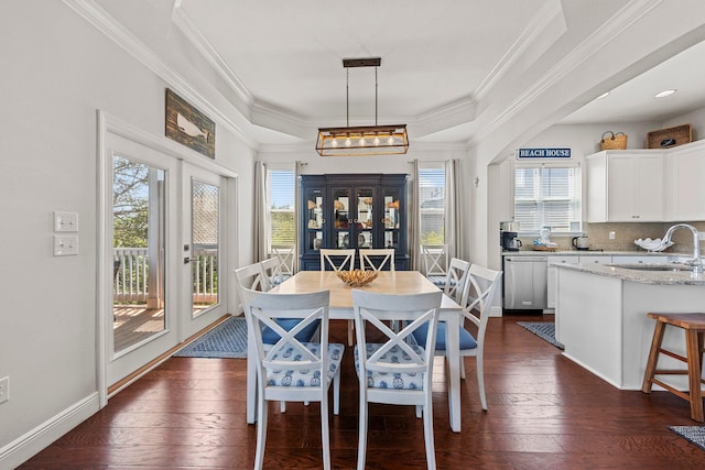 dining area featuring a raised ceiling, a wealth of natural light, dark wood-type flooring, and sink