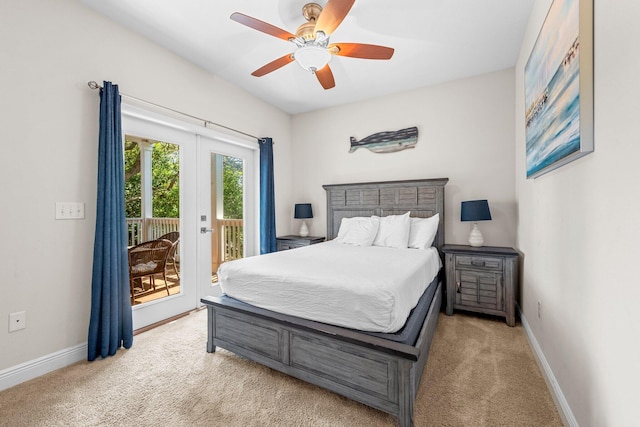 bedroom with access to exterior, ceiling fan, and light carpet