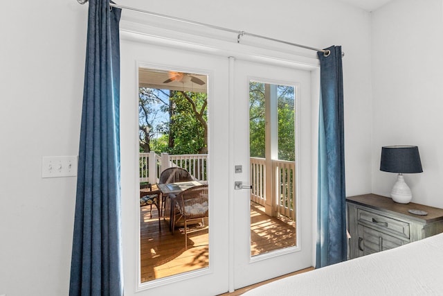 doorway to outside featuring ceiling fan and french doors