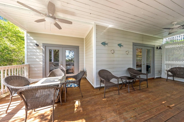 deck featuring ceiling fan and french doors