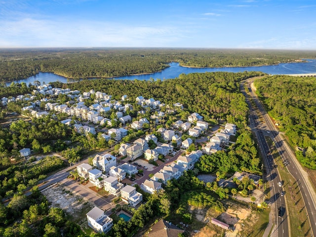 drone / aerial view with a water view