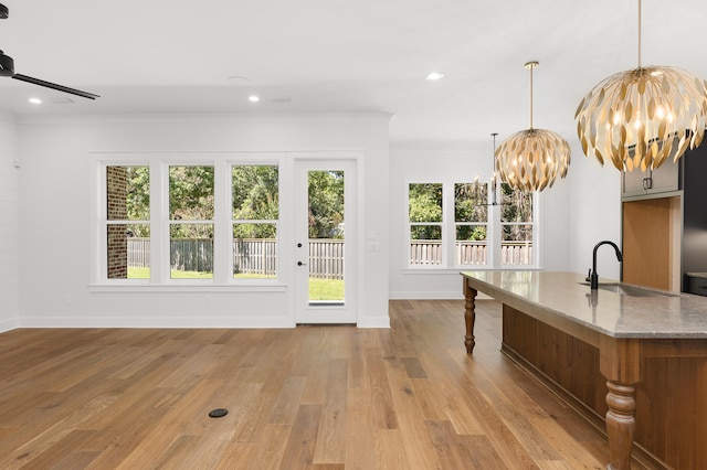 interior space with ceiling fan with notable chandelier, light wood-type flooring, crown molding, and sink