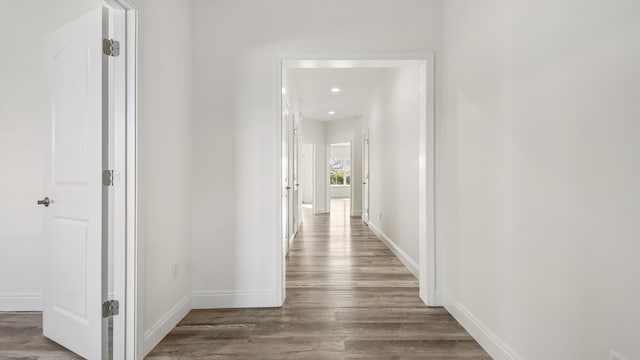 hallway with dark hardwood / wood-style floors