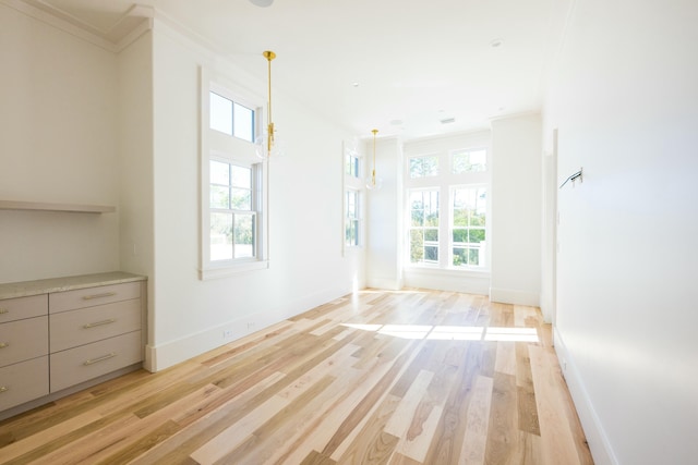 spare room featuring ornamental molding, a wealth of natural light, and light hardwood / wood-style flooring