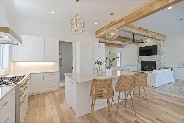 114 Climbing Rose Way, Santa Rosa Beach, FL 32459 - kitchen with custom range hood, ceiling fan, a high end fireplace, a center island, and light wood finished floors