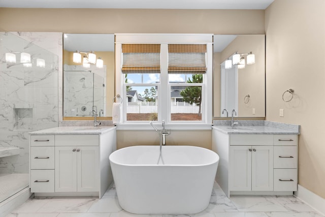 bathroom featuring plus walk in shower and vanity