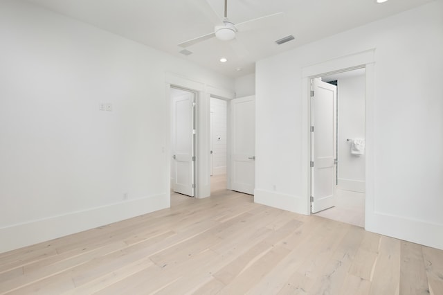 interior space with ceiling fan and light wood-type flooring