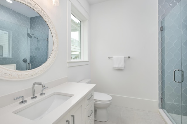 bathroom featuring tile patterned floors, a shower with door, vanity, and toilet