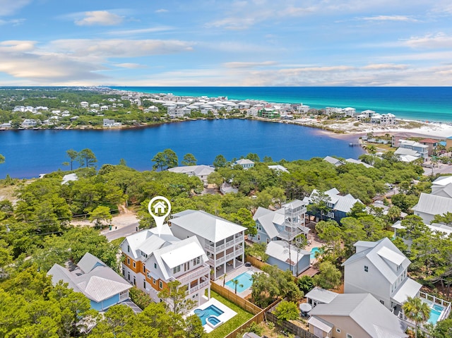 aerial view featuring a water view