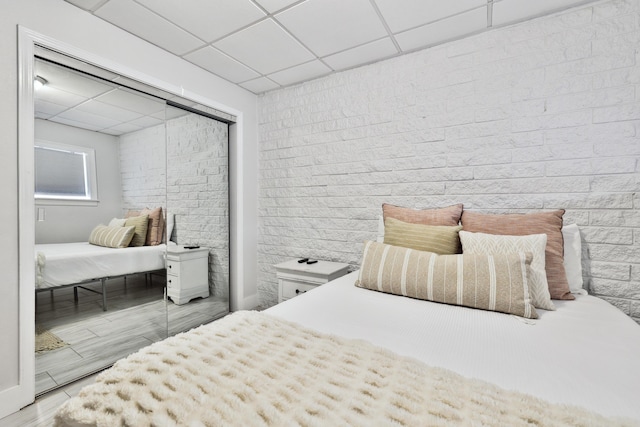 bedroom with a drop ceiling, light hardwood / wood-style flooring, and a closet