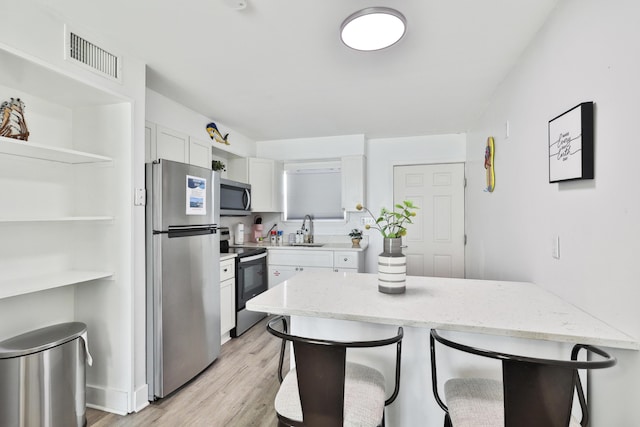 kitchen with sink, light stone counters, a kitchen bar, white cabinets, and appliances with stainless steel finishes