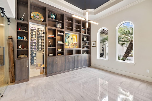 unfurnished room with ornamental molding and a tray ceiling