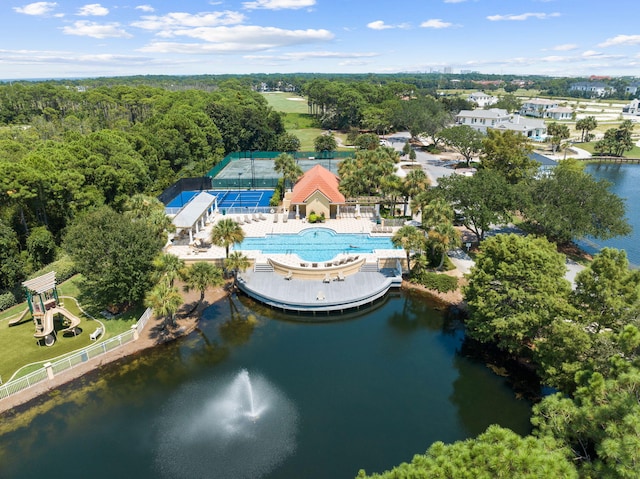 birds eye view of property featuring a water view