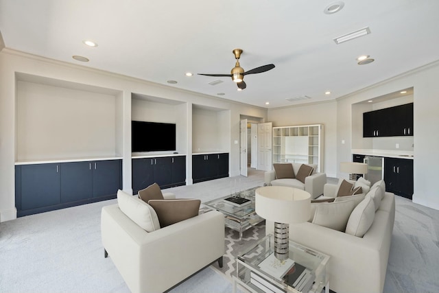 living room featuring light carpet, ornamental molding, and ceiling fan