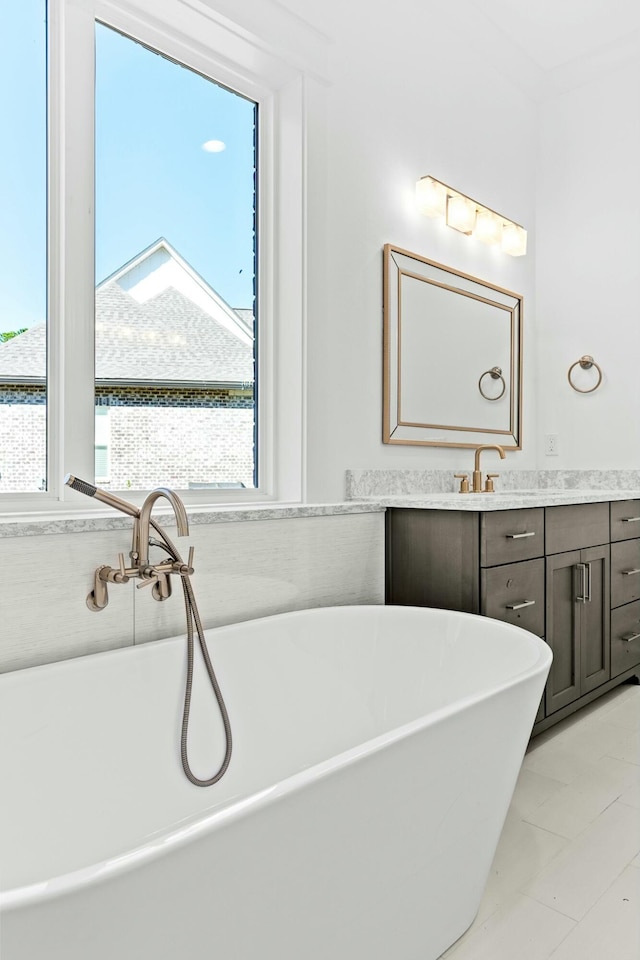 bathroom featuring a washtub and vanity