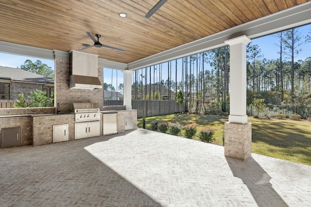 view of patio / terrace with ceiling fan, area for grilling, sink, and an outdoor kitchen