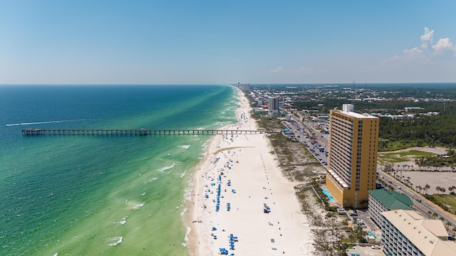 drone / aerial view with a water view and a beach view