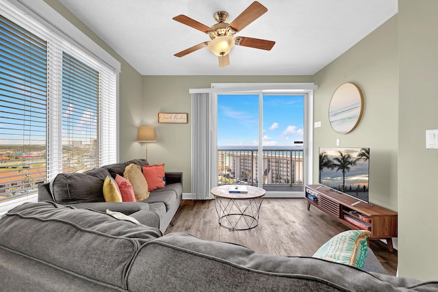 living room with ceiling fan, a healthy amount of sunlight, and wood-type flooring