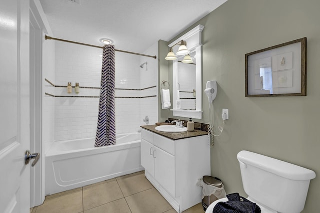 full bathroom with toilet, vanity, shower / bathtub combination with curtain, and tile patterned flooring