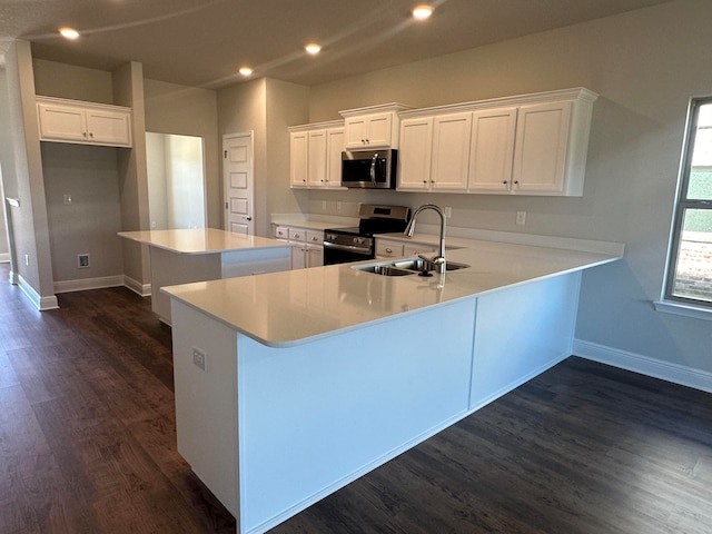 kitchen with kitchen peninsula, appliances with stainless steel finishes, dark hardwood / wood-style flooring, sink, and white cabinets