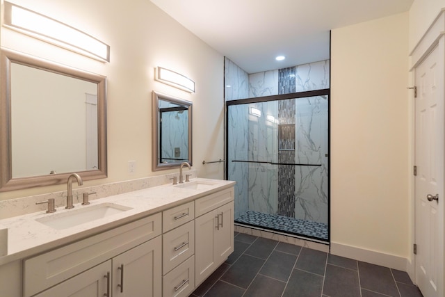 bathroom featuring tile patterned floors, vanity, and walk in shower